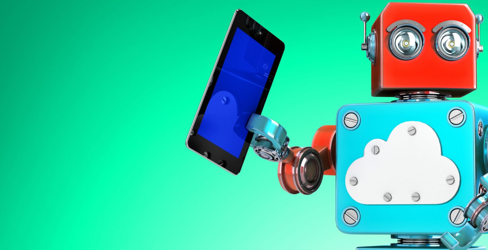 Robot with Tablet on Green Background