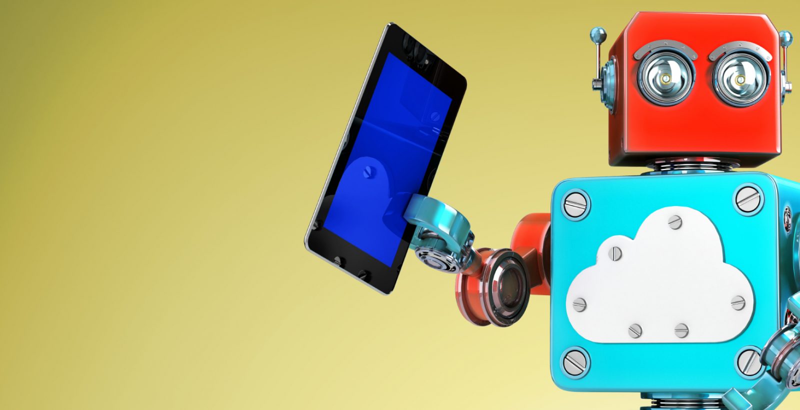 Robot with Tablet on Yellow Background