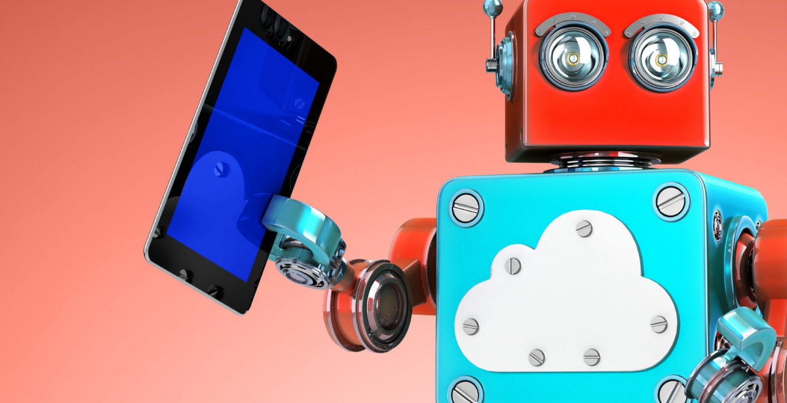 Robot with Tablet with red background