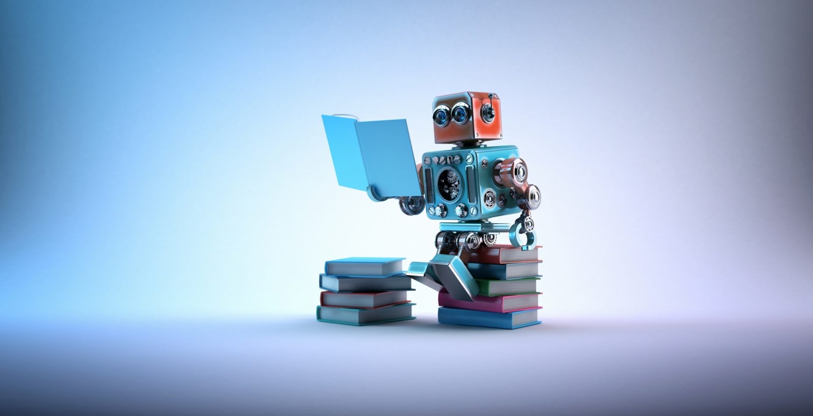 Robot reading with blue background