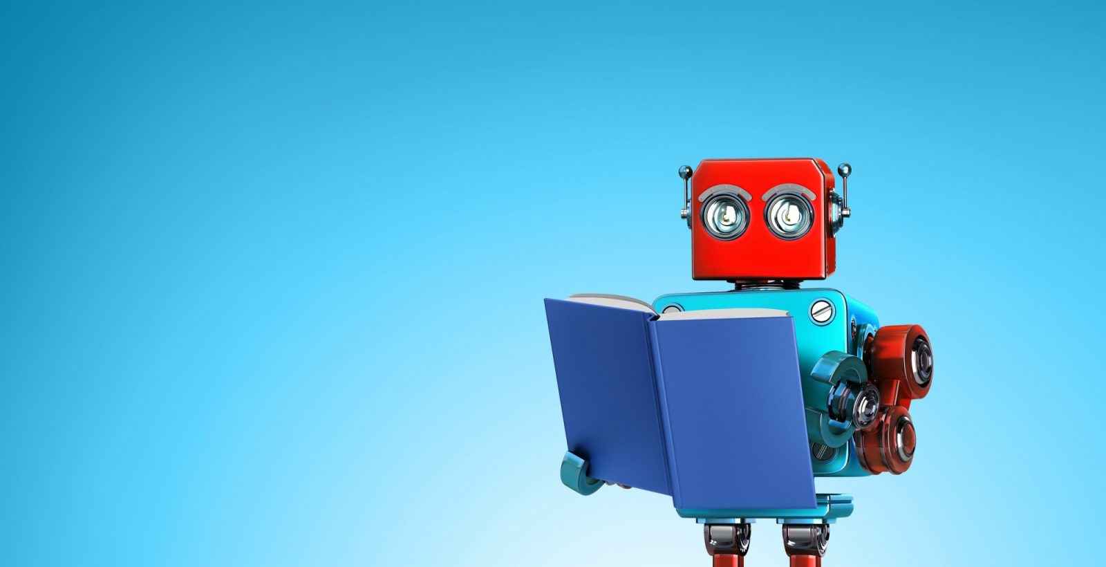 Robot reading a book on blue background