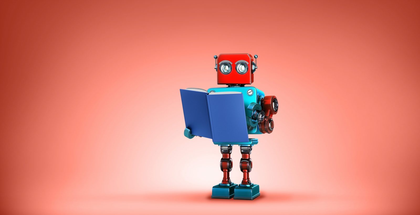 Robot reading on red background