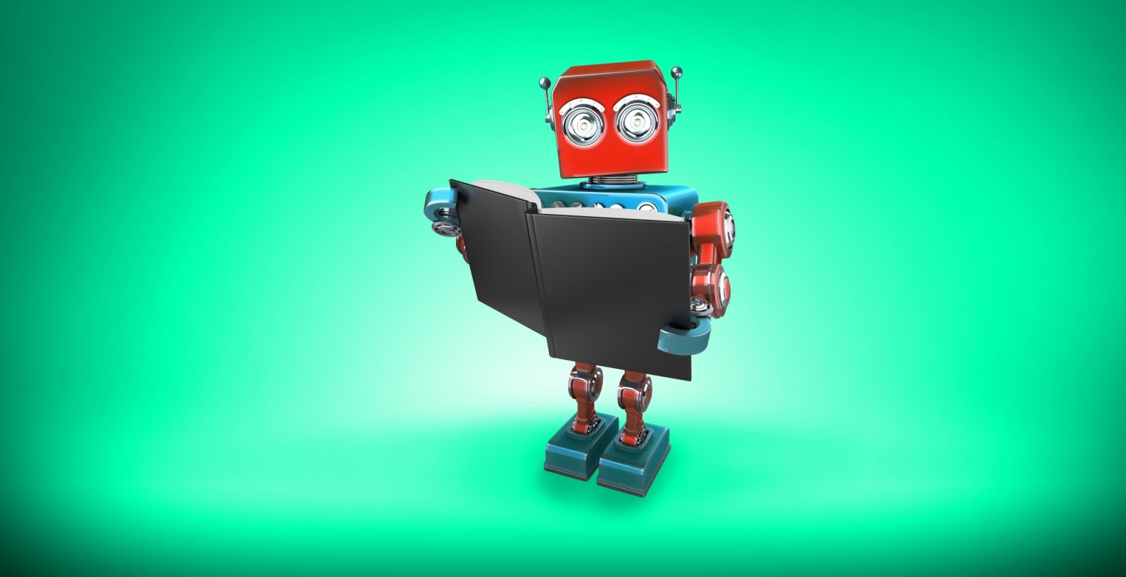 Robot reading a book on a green background
