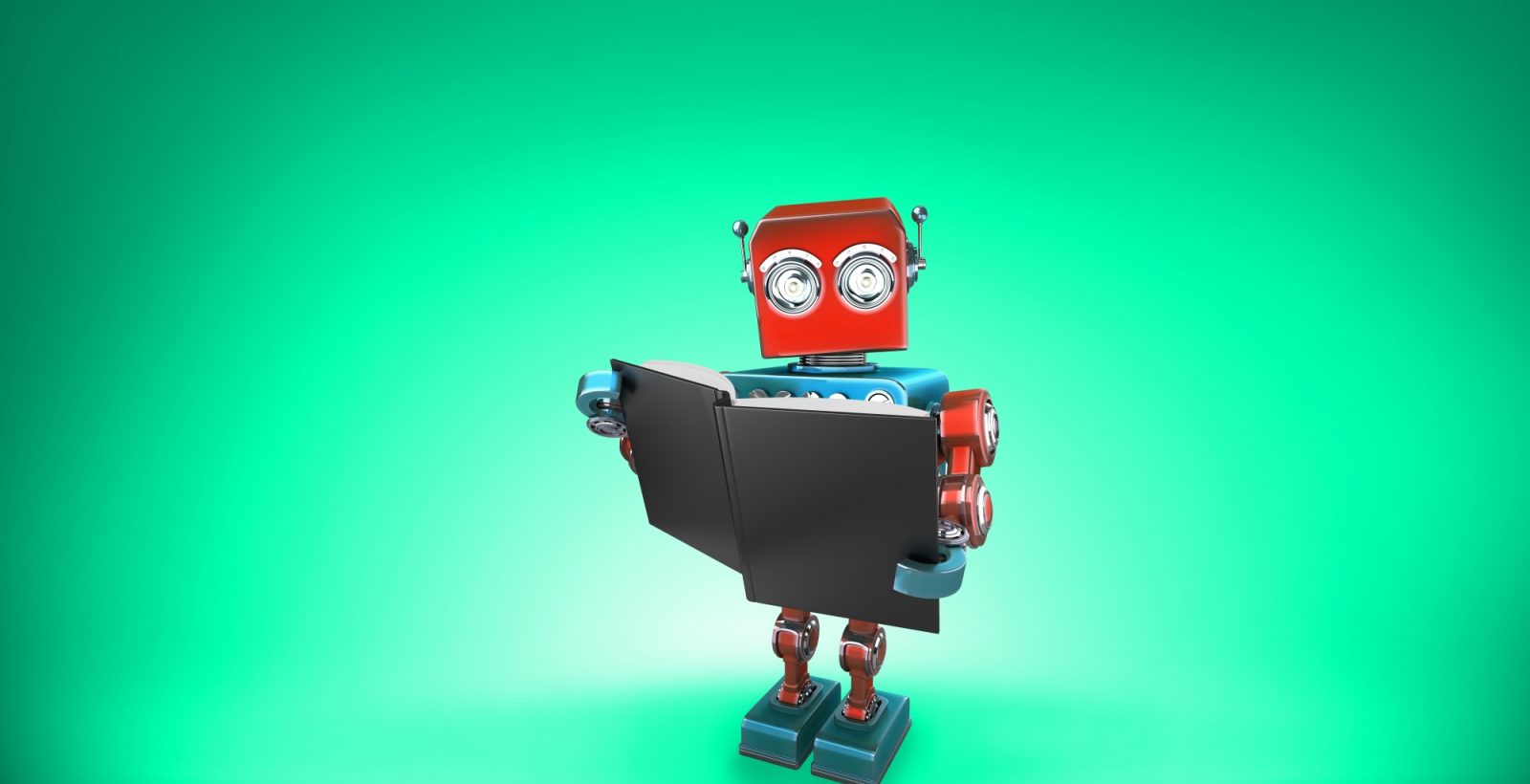 Robot reading a book on a green background
