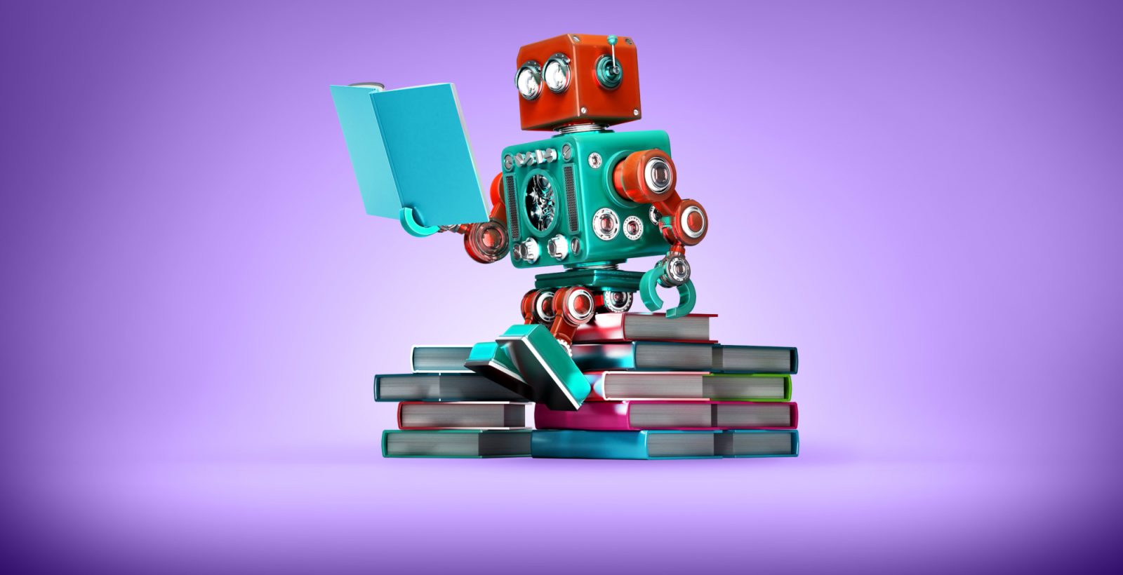 reading robot sitting on stack of book purple background