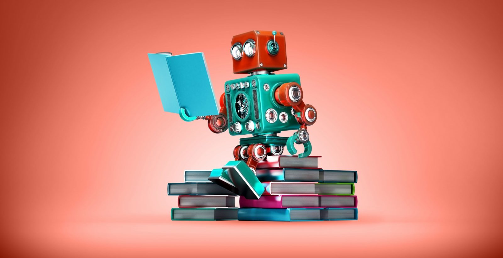 Reading robot sitting on stack of books on red background