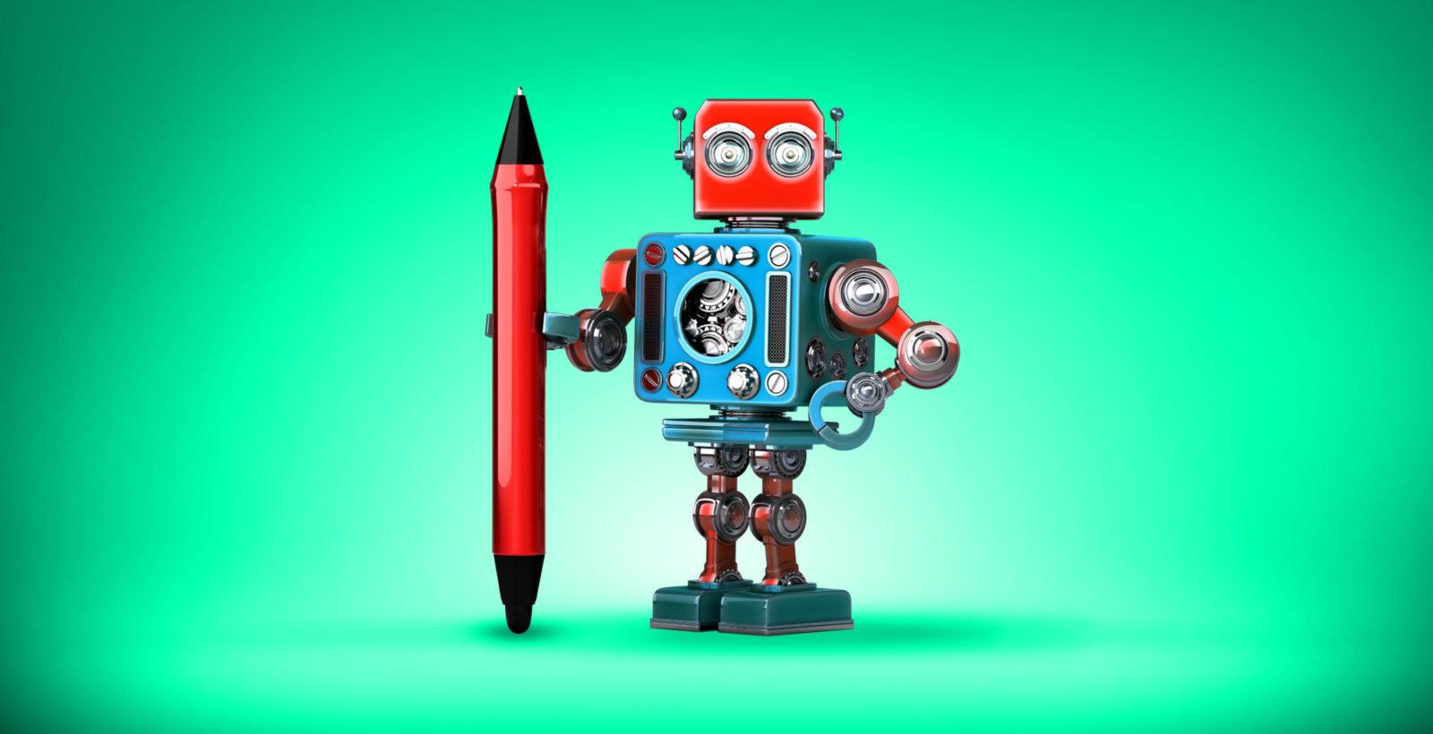 Robot holding pen with green background