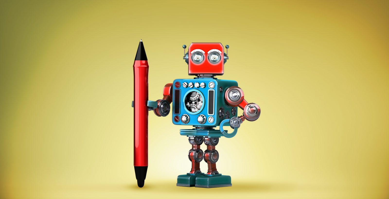 Robot holding pen with yellow background