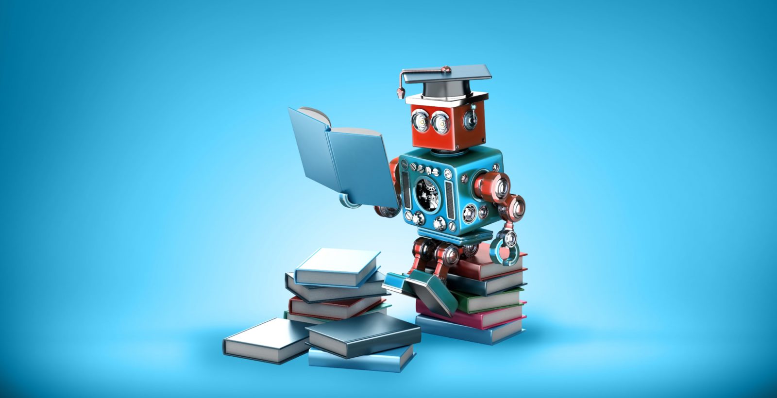 Robot sitting on a stack of books reading a book on blue background
