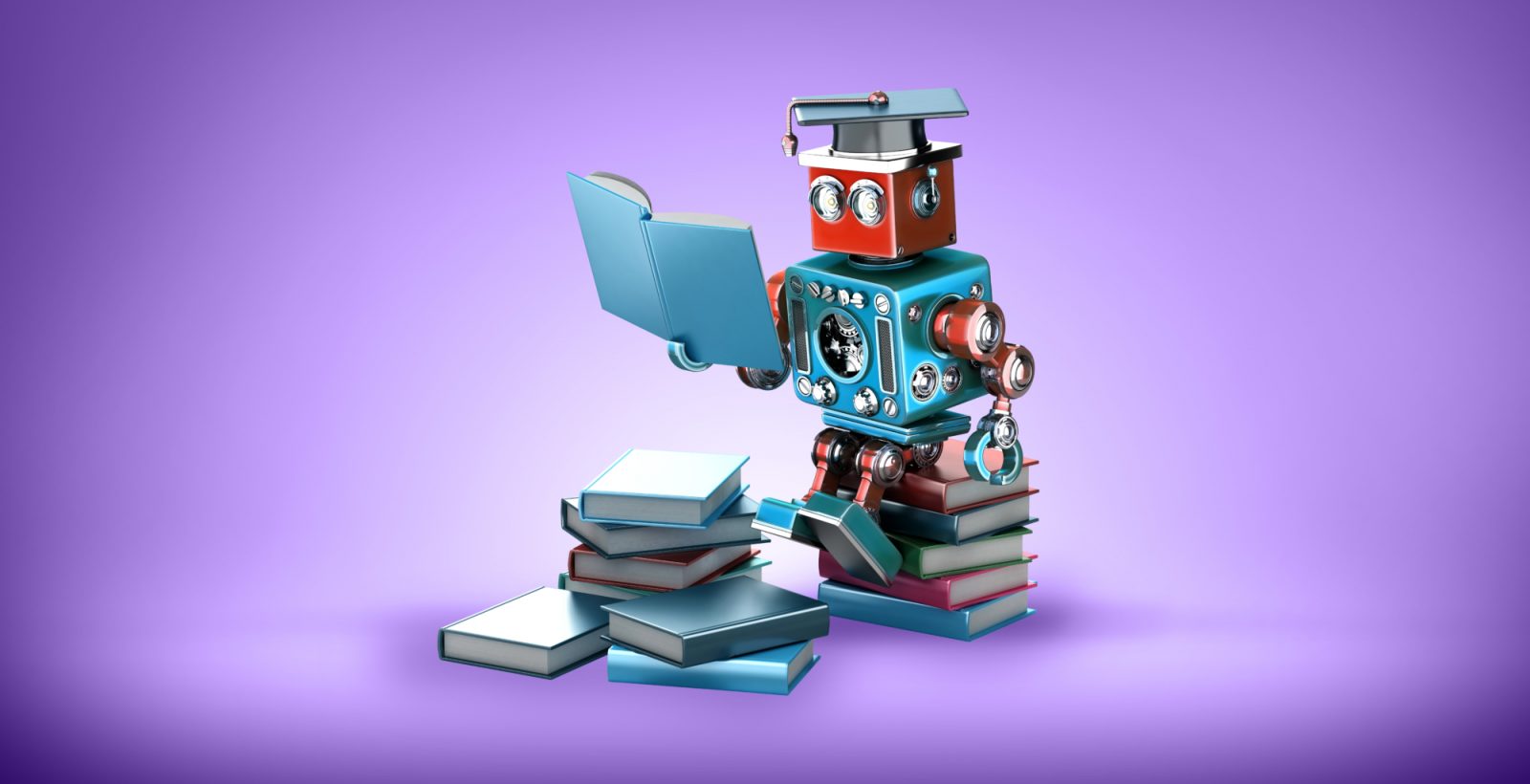 Robot reading a book sitting on a stack of books on purple background