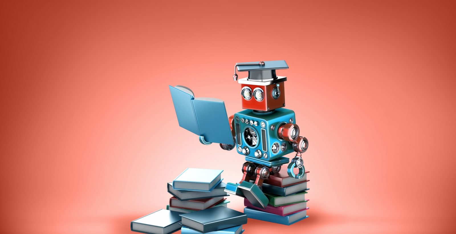 Robot sitting on a stack of books reading a book on red background