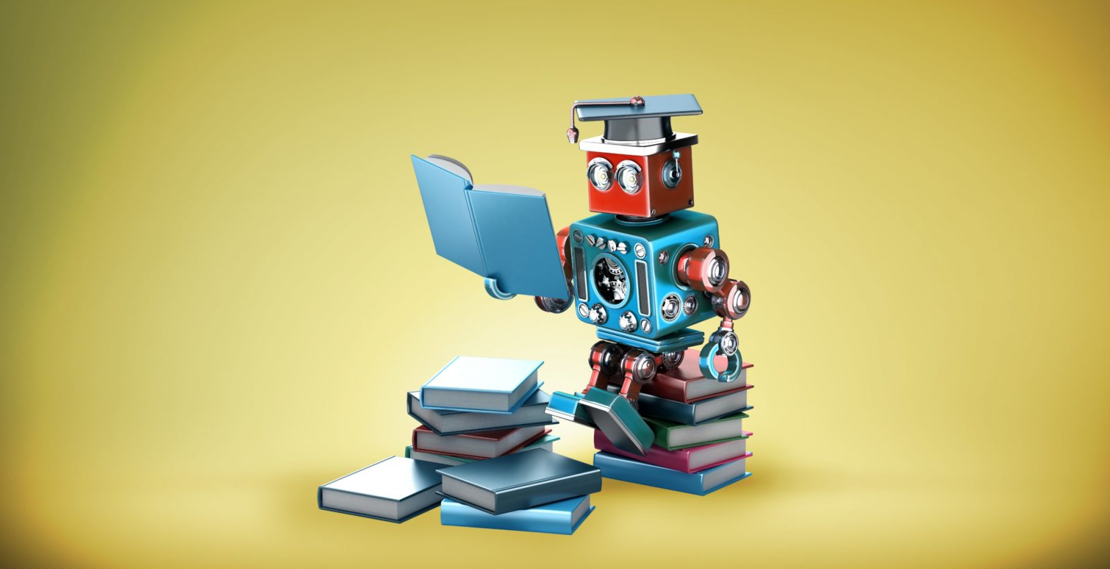 Robot reading with a graduation cap sitting on a stack of books on yellow background
