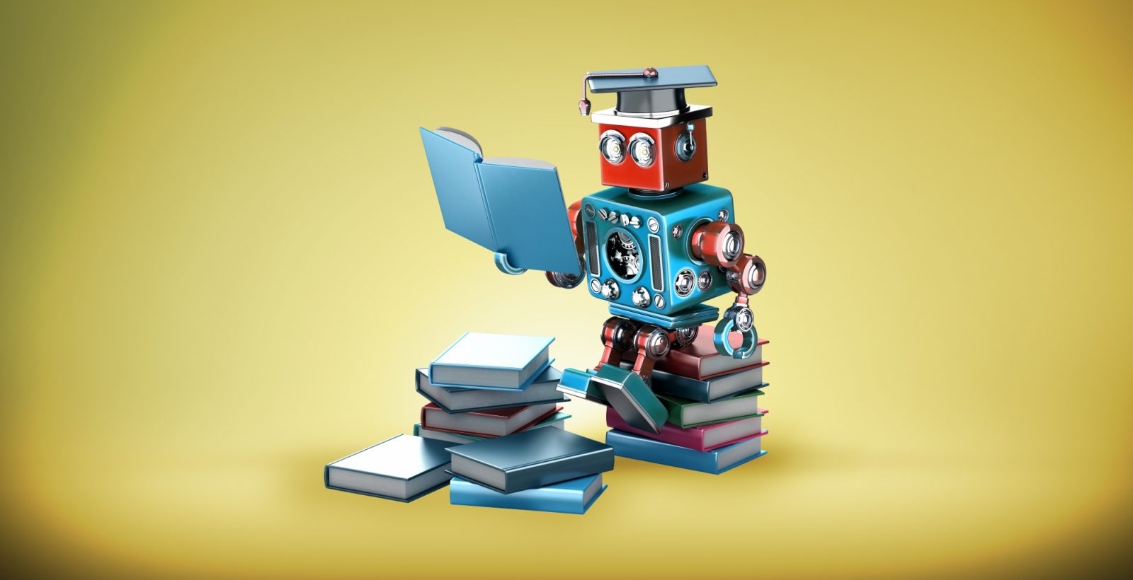 Robot sitting on a stack of books reading a book on yellow background