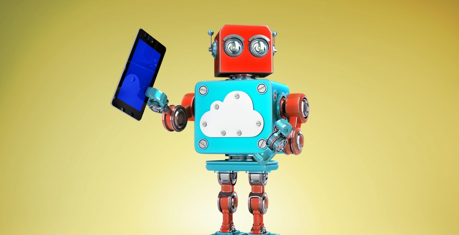 Robot holding a tablet on a yellow background