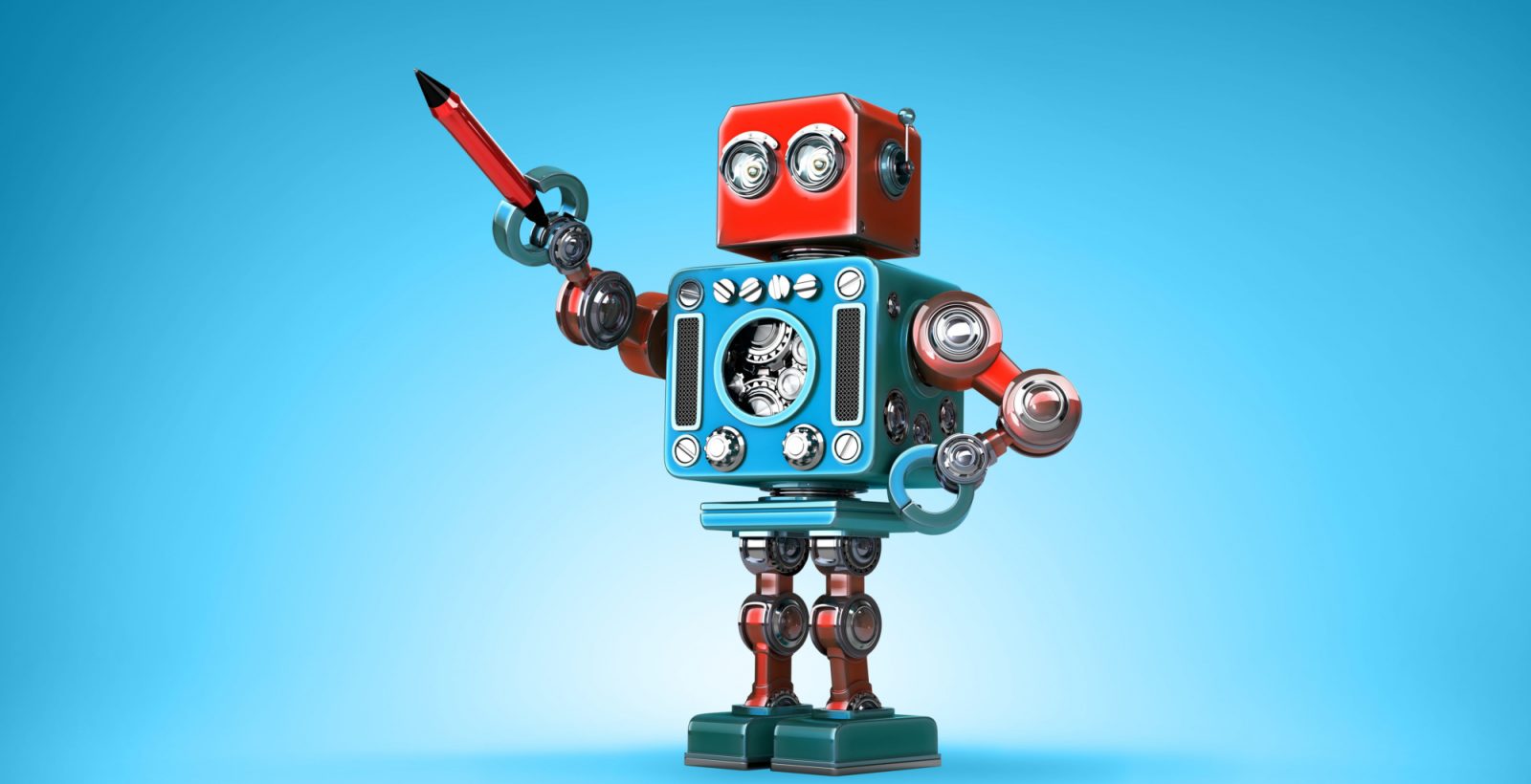 Robot holding a red pen pointing on a blue background