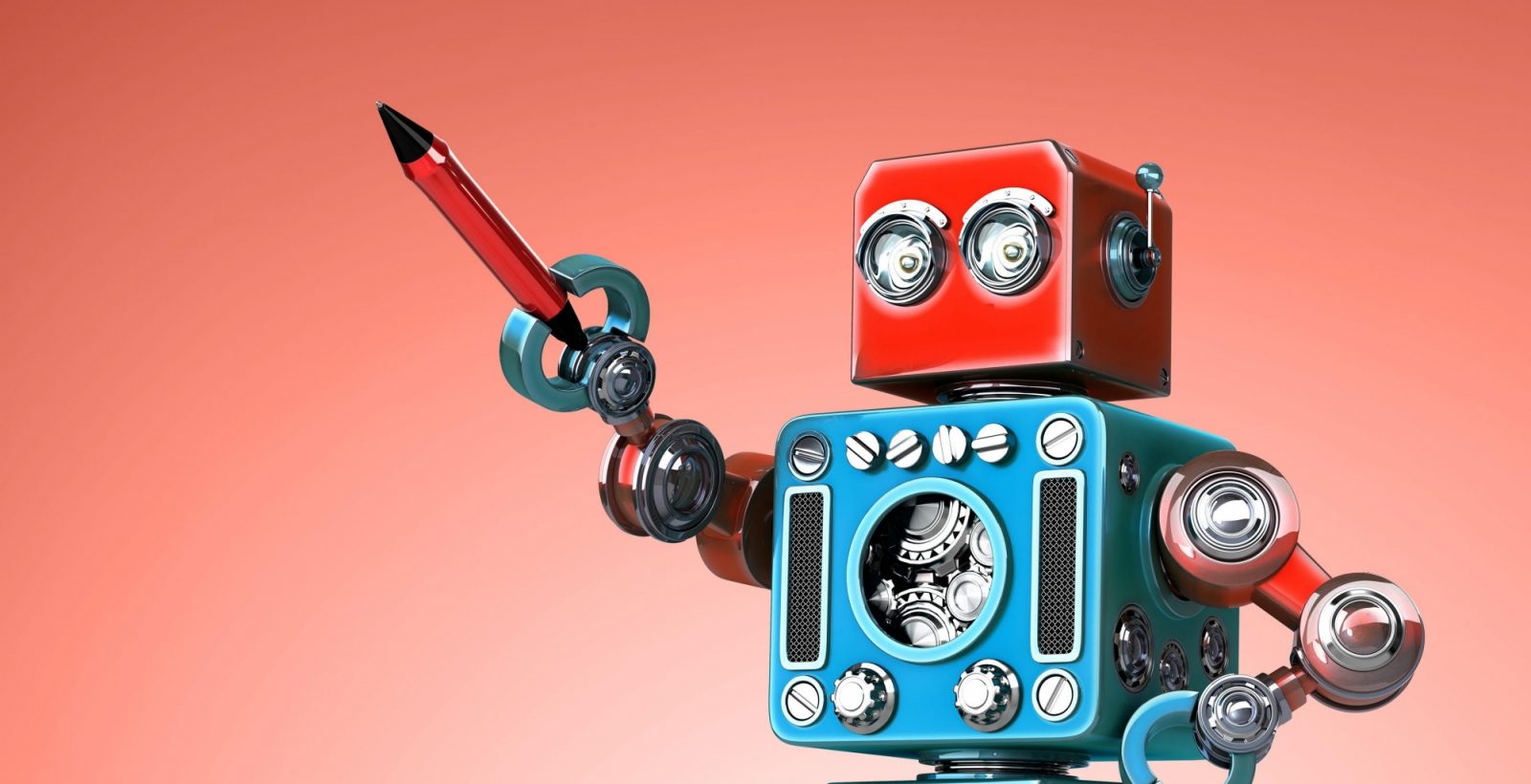Robot holding a pen pointing on red background